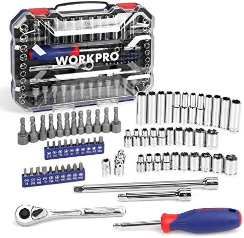 WORKPRO Socket Set. 70-Piece 1/4 Drive Socket Set with Quick-Release Ratchet. Metric and SAE for...