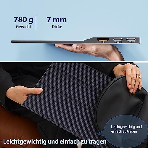 CUIUIC Portable Monitor, 15,6 Zoll Tragbarer Mobiler IPS Bildschirm, FHD 1920x1080 HDR USB C mit Type-C HDMI Anschluß, für Laptop/MacBook/PC/Xboxs/PS, mit Schutzhülle 5