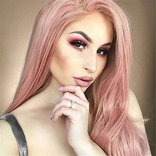 Cool2day Synthetic Long Wavy Wig Middle Part Cosplay Pink Hair for Women Pink Wave Ladies Natural Heat Resistant Fiber