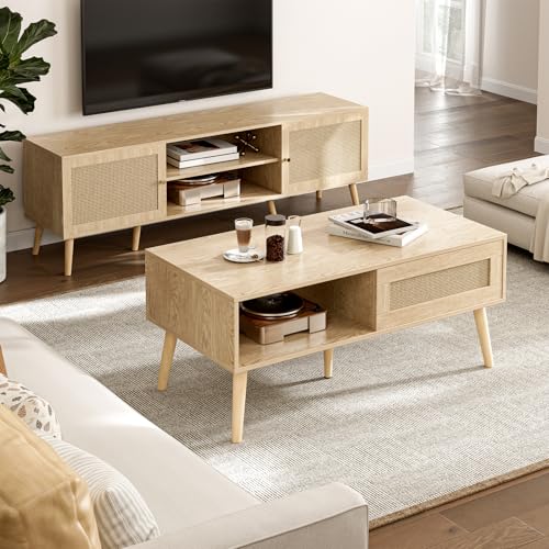 Image of ZttRiee Rattan Coffee Table with Sliding Doors, Mid-Century, Natural