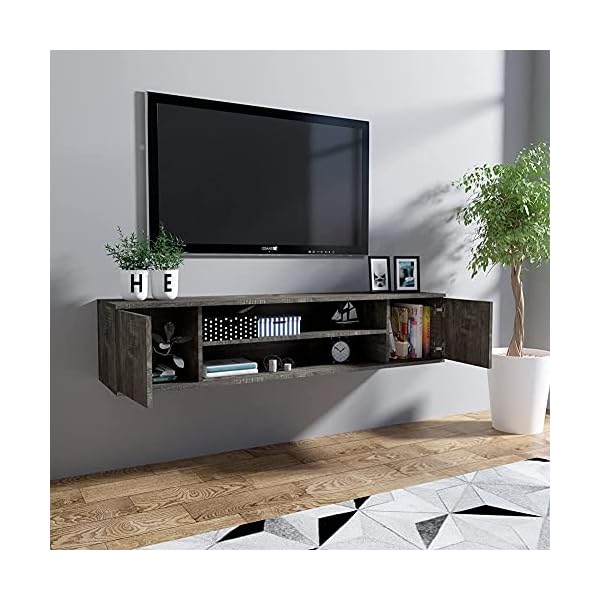 Meerveil Floating TV Unit, Wall Mounted TV Cabinet with 2 Shelves and 2 Push to Open Doors Rustic Industrial for Living Room, 140x32x30 cm Grey - Image 8
