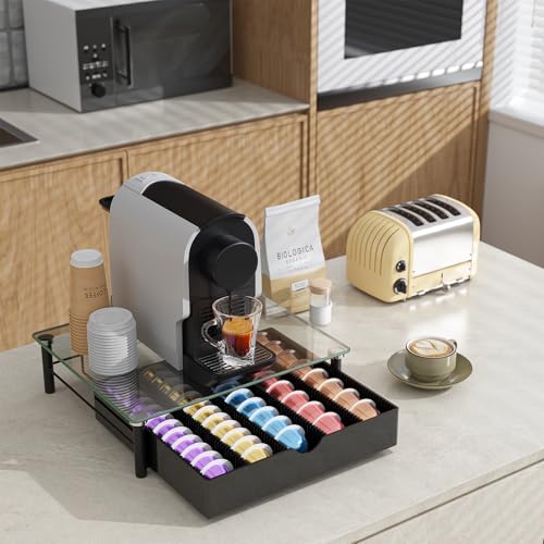 Image of gianotter Crystal Tempered Glass Vertuo Pod Holder Drawer, Compatible with Nespresso Vertuo Capsules, Compatible with 40 Large or 60 Small Nespresso Capsule Organizer (transparent)