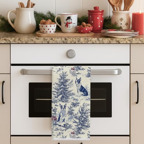 Image of Blue Boston Terrier Christmas Kitchen Towels, Vintage Dog Lover Gifts Dish Tea Towels for Kitchen, French Chinoiserie Holiday Decorative Hand Towel for Bathroom, 16x24 Inch