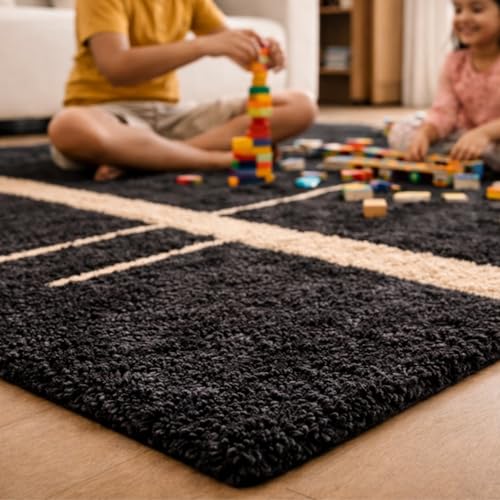 Image of 1.5x4 feet Shaggy Polyester Abstract Modern Area Rug - 2 Inch High Pile Ultra Soft Plush Carpet for Living Room, Bedroom & Kids Room, Thick Fluffy Rug for Indian Home Decor C - Rectangular