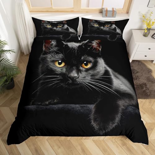 Cat Comforter Cover Set with Black Cat Pattern, 3Pcs Queen
