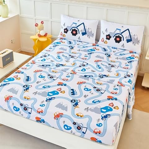 RYNGHIPY Kids Twin Bed Sheets: Cars Print Sheets Set for Boys - Breathable Wrinkle Free Microfiber Flat Sheet Fitted Sheet and Pillowcase (White,Twin) Cover