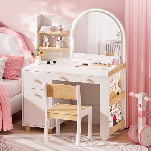 INNOD Kids Vanity with Mirror and Lights, 2-in-1 Princess Makeup Vanity Desk with Open Bookshelf, Drawer & Storage Cabinet, Wooden Toddler Dressing...
