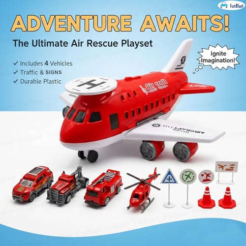Image of FunBlast Fire Rescue Airplane Toy Set - Big Aircraft with 4 Fire Vehicles, Helicopter, Road Signs & Cones, DIY Firefighter Playset for Kids, Educational Role Play Toy for Boys & Girls (Red)