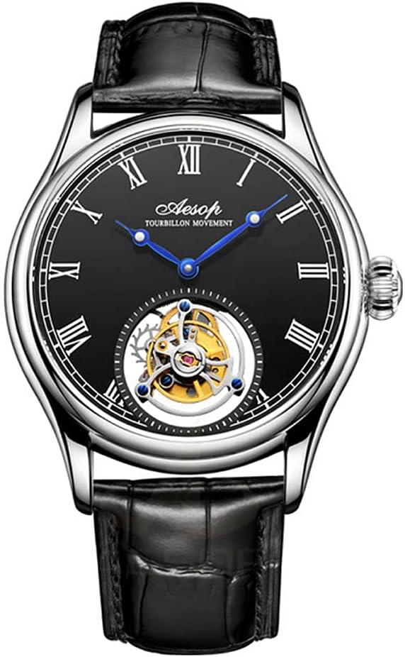 Men Mechanical Tourbillon Watches Hand Wind Sapphire Stainless Steel Skeleton Wrist Watches 50M Waterproof Luxury Business Watch with Genuine Leather Strap