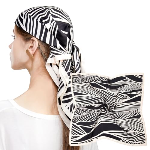 MEANBEAUTY 27inch Satin Square Head Scarf Neck Women 70 x 70 cm Silk Wrap Scarves Bandana Gift Box Packaging(Black leaves)