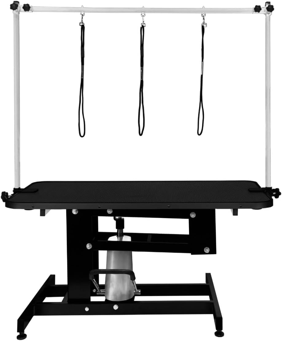 Tavolo Idraulico Toelettatura Cani - Altezza 55-101 cm, Capacità 180 kg, Nero - Piano Nero, Antiscivolo 106x61 cm, Acciaio Nero, Piedini Livellanti, 3 Guinzagli