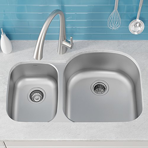 Image of KRAUS Premier 32-inch 16 Gauge Undermount 60 /40 Double Bowl Stainless Steel Kitchen Sink, KBU25