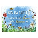 Bin im Garten Metallschild in 15x20 cm mit Blumenwiese und Bienen als Dekoration für den Garten oder den Gartenzaun im Frühling