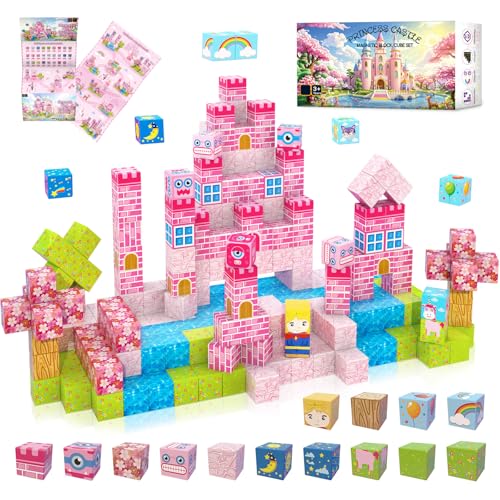 WSHIMIN Princess Castle Toys Magnetic Building Blocks for Kids Ages 4-8,Magnet STEM Sensory Toys (Pink Castle, PCS, 32)