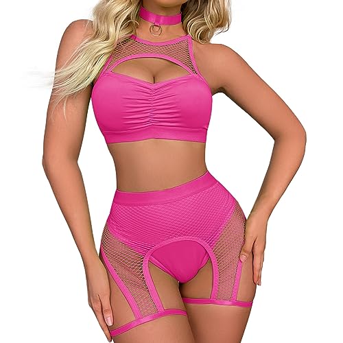 Women Rave Outfits Cutout Fishnet Top Booty Shorts Bottom Choker 3Pcs Babydoll Nightwear Festival Lingerie
