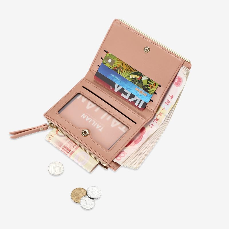 Small Women Wallets Slim Bifold Credit Cards Holder Minimalist Zipper Coin Pocket, Pink4