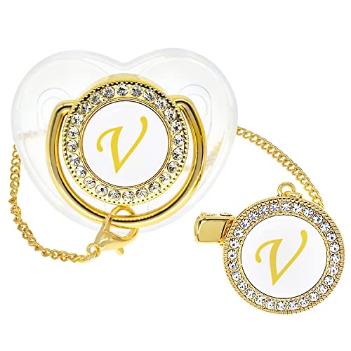 Image of Bling Personalized Baby Pacifier with Pacifier Clips and Anti-dust Cover A-Z 26 Letters(Gold Transparent,V)