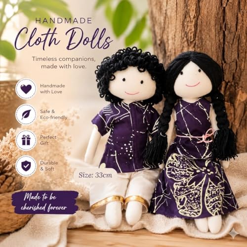 Image of Violet Couple Handcrafted Indian Rag Doll Set of 2, Soft Cotton Fabric & Yarn Hair Traditional South Indian Cloth Dolls, Handmade Fabric Dolls for Decor & Gift (Set of 2)