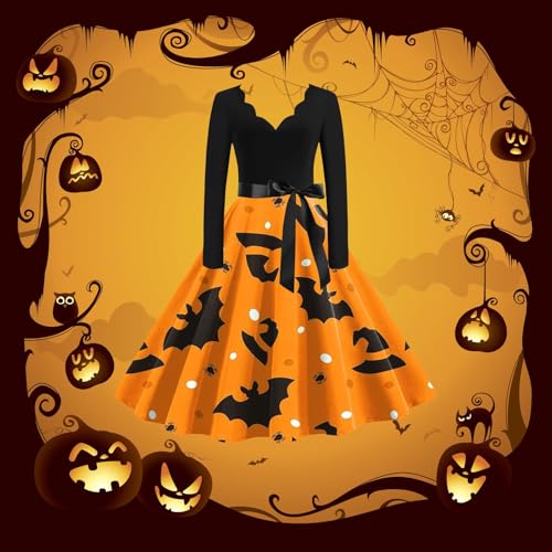 Halloween Dress Long Sleeve Dresses for Women V-Neck A Line Cocktail Pumpkin Printed with Belt Bow - image 2
