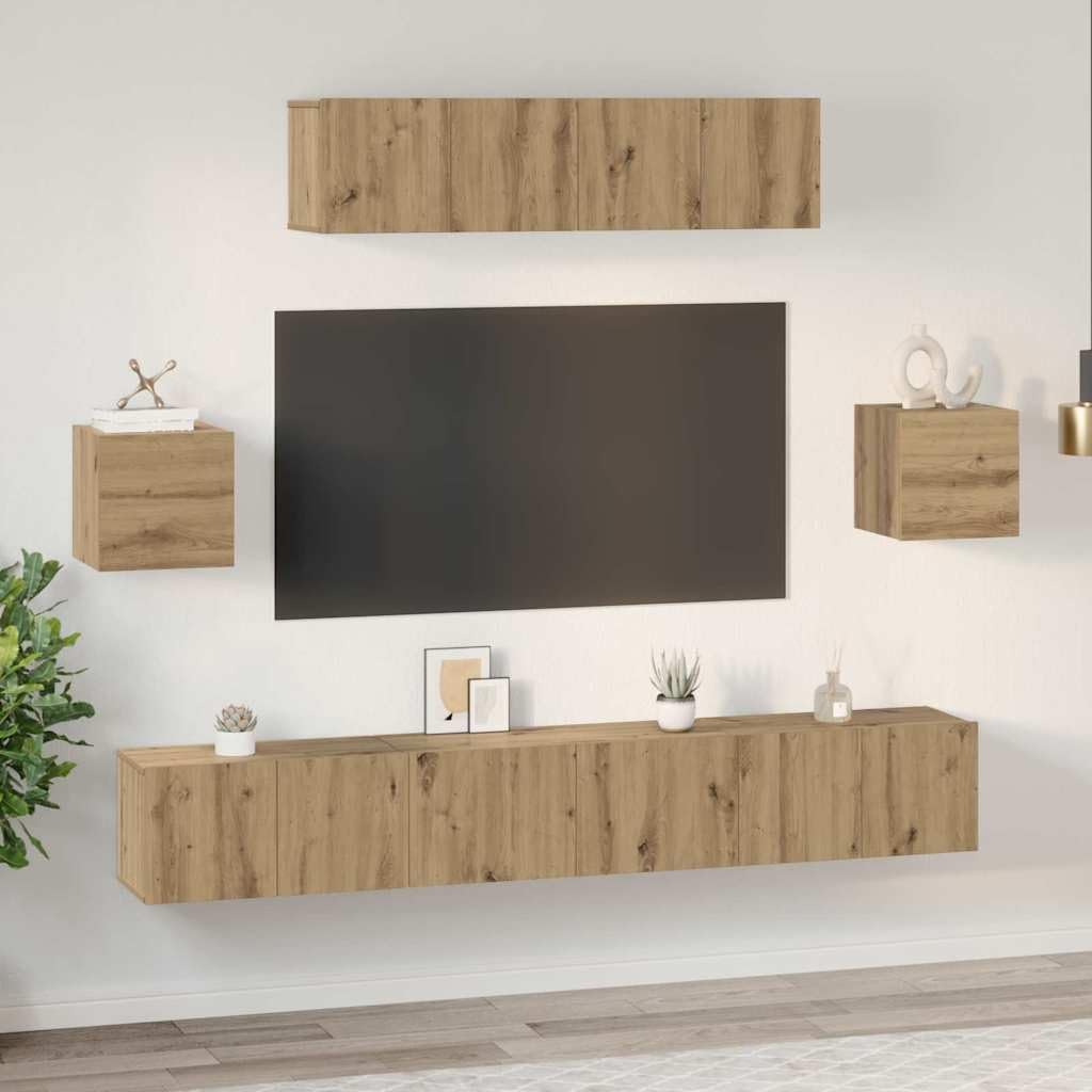Mueble de TV montado en la pared de 7 piezas de madera de roble Artisan, con puertas y compartimentos para sala de estar, diseño que ahorra espacio, fácil montaje en pareja
