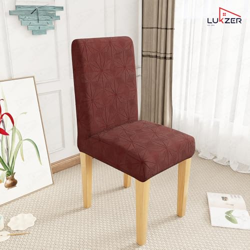 Image of Lukzer Elastic Dining Chair Cover - 2PC Pastel Deep Maroon Starlight | Textured High Stretch Jacquard Seat Cover | Removable Washable Short Dining Chair Cover Protector Seat Slipcover | (CC-145-02)