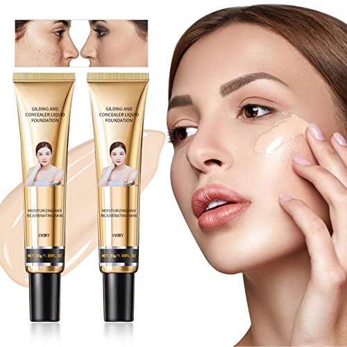 Lsxia 2Pcs Liquid Concealer Foundation Set, Waterproof Foundation Moisturizing Foundation Makeup Full Coverage Foundation Face Cream Foundation Hide Concealer Makeup For All Skin (Ivory) #TOP23