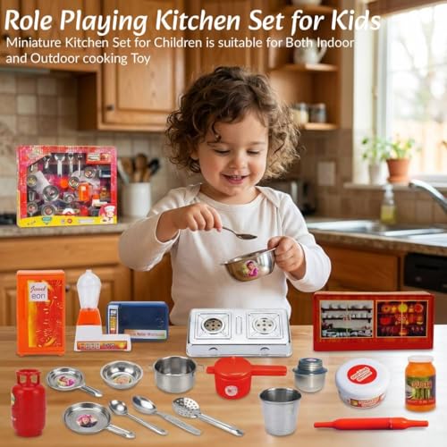 Image of DZLING Kids Steel Kitchen Set Toys, Traditional Indian Cooking Playset with Utensils, Gas Stove, Blender, Chakla Belan Accessories, Role Play Pretend Cooking Toy for Boys & Girls (Super Kitchen)