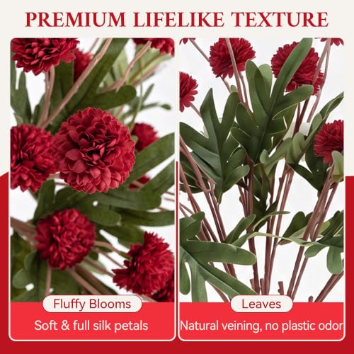 Artificial Fall Flowers Fake Silk Pompon Mums for Home, 6pcs Burgundy - image 3