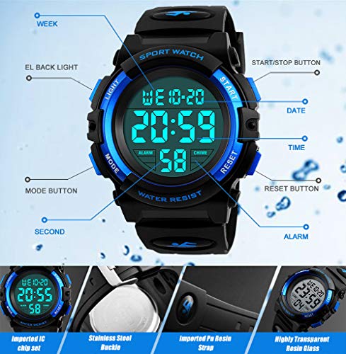 Relojes para niños, Relojes Deportivos para niños, Relojes Deportivos para niños, 5 Relojes a Prueba de Agua con Alarma/Temporizador/luz, Reloj Azul para niños por BHGWR