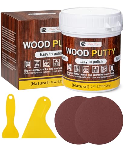 Bates- Wood Filler Putty Repair Kit, 9.87 Ounce, 2 Scrapers, 2 Sandpapers, Natural Wood Putty Filler Paintable & Stainable for Cracks, Holes and Defects in Wooden Furniture
