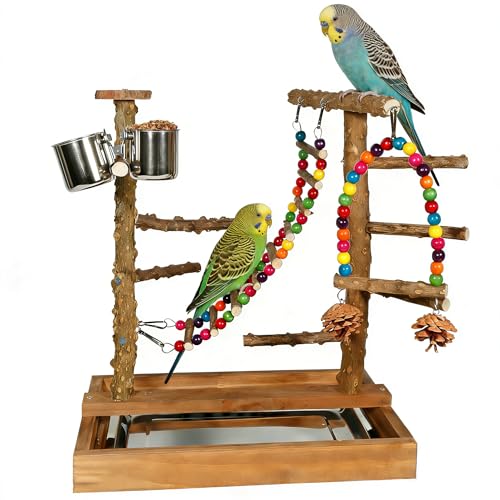 Image of Wooden Bird Play Stand Parrots Playground Perch Stand with Bird Ladder Chewing Toys and 2 Stainless Steel Cups (Brown)