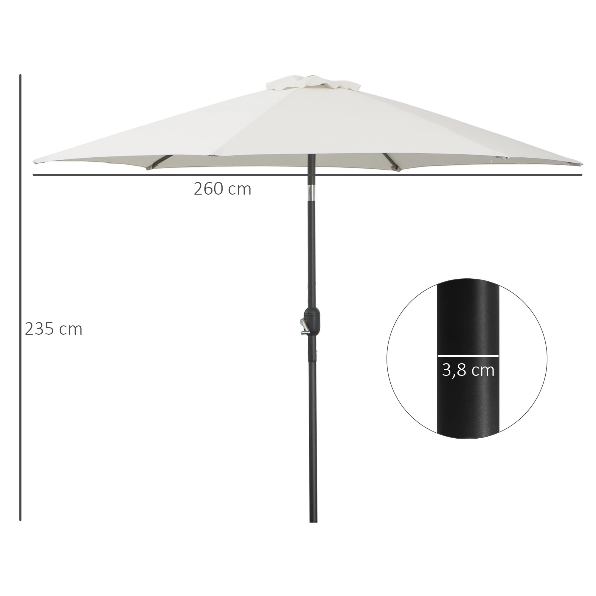 Outsunny Parasol droit parasol inclinable de jardin balcon terrasse manivelle toile polyester imperméabilisée haute densité 180 g/m² Ø2,6 x 2,35H m aluminium