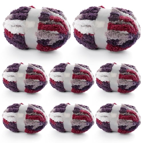 8 Pcs Chunky Yarn for Hand Knitting - Chunky Chenille Yarn for Crocheting - Fluffy Yarn for Crochet - Jumbo Yarn for Hand Knitting 200 yds 61.6 oz of Super Bulky Yarn (Burgundy-Grey-White)
