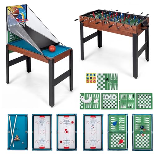 GOPLUS Mesa Multijuegos Convertible 14 en 1 con Futbolín, Mesa Multifuncional con Billar, Air Hockey, Ping Pong, Baloncesto, Shuffleboard, Ajedrez, Juegos Combinada para Fiesta Bar Hogar (Natural)