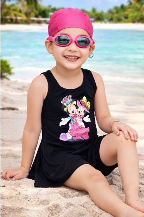 RZLECORT Girls Swimsuit with Cap and Goggles, Black, Minnie Mouse Print, One-Piece Swim Dress Set for Kids (in, Age, 3 Years, 4 Years, Big Girls, Black) 1