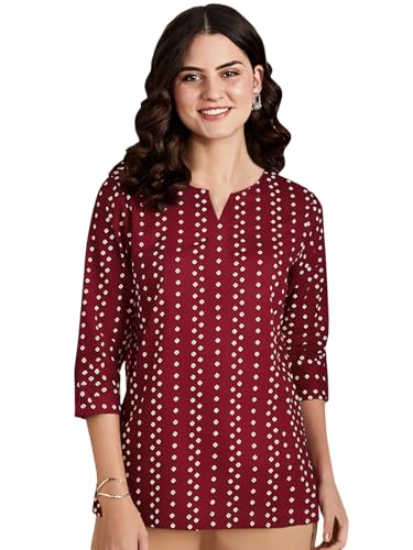 Image of Pinkmint Women's Printed Cotton Blend Short Kurti l All Over Printed V-Cut Neckline Casual Wear Tunic Top's l Ethnic Top's for Girls