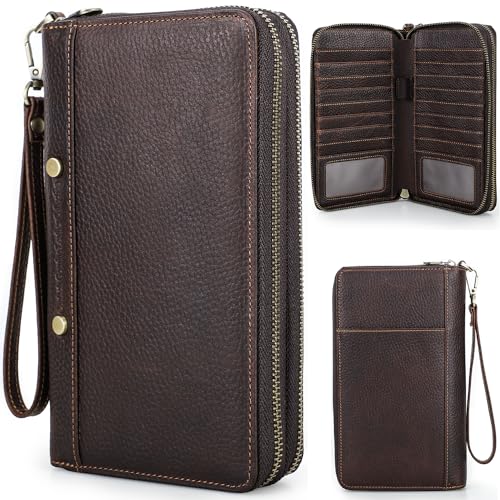 Top Grain Genuine Leather Clutch Wallet with Wristlet for Man & Woman, Handmade Vintage Design, Multi Pockets & Side Pocket & Slots, RFID Large Capacity for Cards/Checks/Money/Passport/Pen, Red Coffee