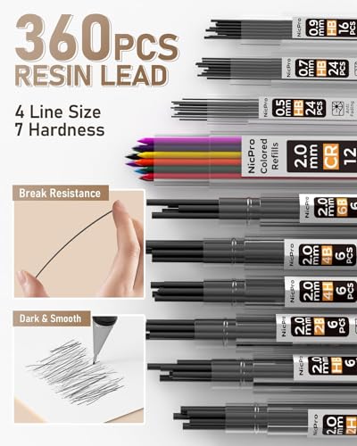 Image of Nicpro 35-Piece Art Mechanical Pencil Set,Metal Pencils 0.5 & 0.7 & 0.9 mm and 3 Pieces 2 mm Lead Pencil with 20 Cans of Replacement Leads (Colours 6B,4B,2B HB,2H,4H) for Sketching and Drawing, gold