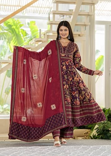 Image of Pistaa's Women's Pure Cotton Anarkali Floral Printed Kurta with Palazzo & Dupatta Set