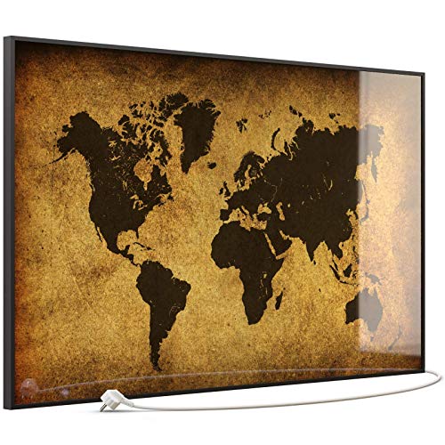 STEINFELD Heizsysteme Glas Bild Infrarotheizung mit Thermostat | Made in Germany | viele Motive 350- 1200 Watt Rahmen schwarz (900 Watt, 009 Weltkarte)