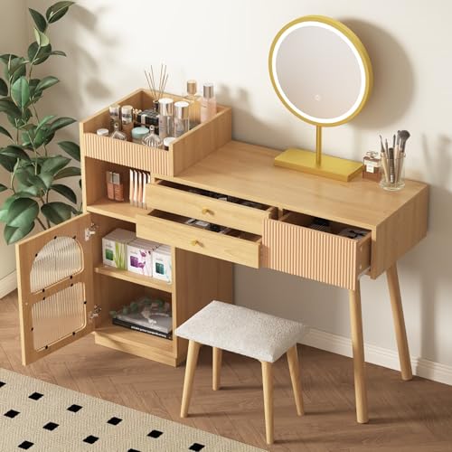 PUGSDRLY Coiffeuse avec Miroir LED Tricolore à Réglage,3 Tiroirs,étagères Ouvertes,Armoire,Bureau Coiffeuse en Bois pour Dressing Chambre,Naturel(120x40x90 cm)