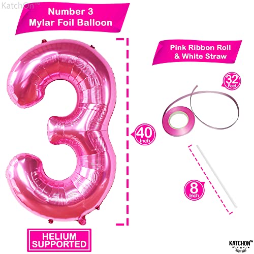 Image of KatchOn, Hot Pink Number 3 Balloon 40 Inch | Number 3 Foil Balloon, 3rd Pink Birthday Decorations for Girls, 3rd Anniversary Decorations, Pink Party Decorations