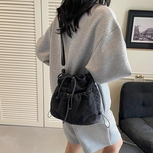 Denim Bucket Bags for Women Multiple Pockets Denim Crossbody Bag Jean Purse Shoulder Handbag2