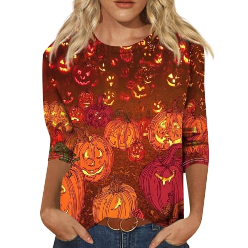 Image of Women Spooky Halloween Graphic Shirt 3 /4 Length Sleeve Crewneck Top | Halloween Funny Printed Pumpkin Plus Size Tshirts 2026 Fall Outfits Skeleton Tee Going Out Tops