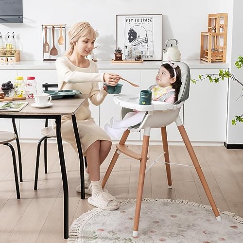 Image of BABY JOY Baby High Chair, Wooden High Chair for Babies & Toddlers with Dishwasher Safe Double Removable Tray, Infant Feeding Chair with 5-Point Safety Harness & Detachable PU Seat Cushion (Gray)