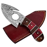 Custom Engraved Handmade Damascus Steel Hunting Gut Hook Knife with Wood Handle - 7 inches Fixed Bla