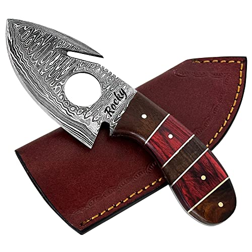 Custom Engraved Handmade Damascus Steel Hunting Gut Hook Knife With Wood Handle - 7 Inches Fixed Blade Full Tang Knife With Leather Sheath - Unique Personalized Birthday Gifts For Husband, Dad, Boyfriend, Hunters (Personalized Red) #TOP9