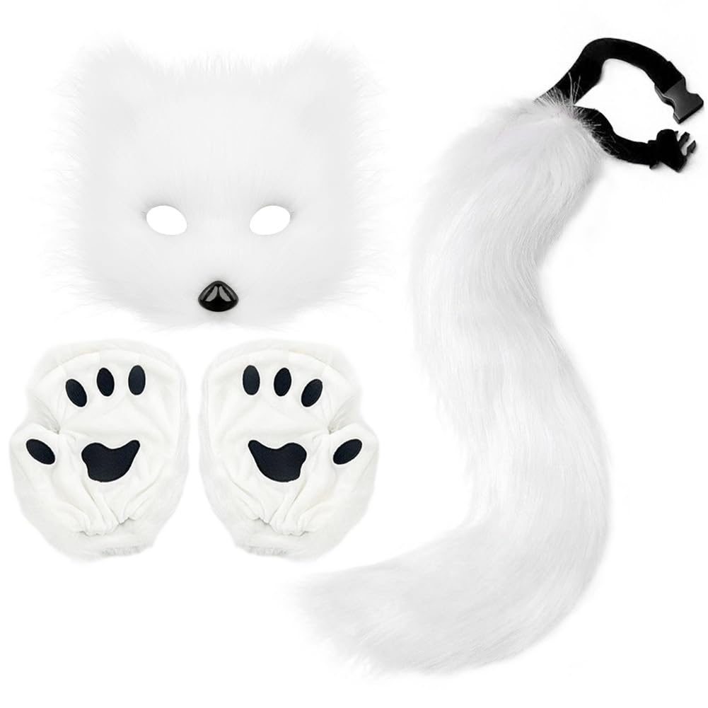 Fituenly White Cat Mask Costume 1 Set Pelry Tail And Paw Gloves Set For Masquerade Cosplay Party Halloween Therian Mask