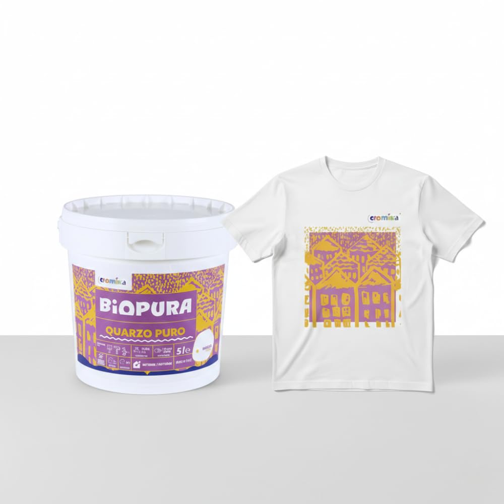 Kit Pittura Murale Quarzo Puro 5L con T-Shirt Smiling Houses, Bianco, Finitura Opaca, Cotone, Taglie S-M-L-XL, Design Pop Art (M)