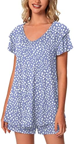 Aodemo Womens Summer Pajama Sets Ruffle Sleeve Sleepwear Ladies Nightwear Pjs Lounge with Pockets XL, Spotted Blue